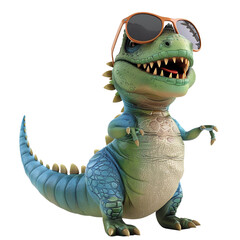 A green dinosaur wearing sunglasses is standing on a white background. The dinosaur is smiling and has its arms outstretched.