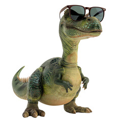 A green dinosaur wearing sunglasses is standing on a white background. The dinosaur is smiling and has its arms crossed.