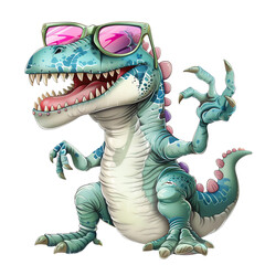 A green dinosaur wearing sunglasses is standing on two legs and has its arms outstretched. The dinosaur has a toothy grin on its face.