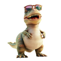 A green dinosaur wearing sunglasses is standing with a toothy grin.