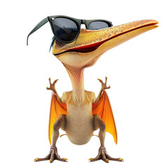 A small, colorful dinosaur wearing sunglasses is smiling and has its wings spread out.