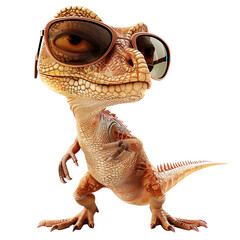 A small dinosaur wearing sunglasses is standing on a white background. The dinosaur is smiling and has its arms crossed.
