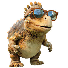 A small dinosaur with sunglasses and a big smile on its face.