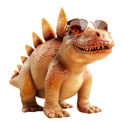 A small dinosaur with sunglasses is smiling. The dinosaur is brown and has a spiky back.