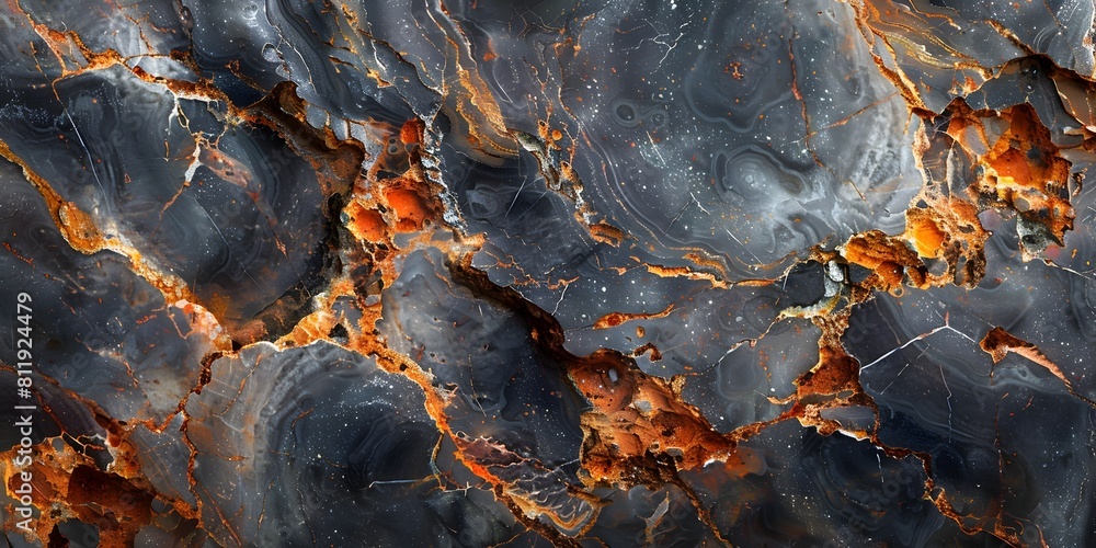 Poster mysterious black marble with fiery cracks and swirling patterns - captivating abstract texture for d