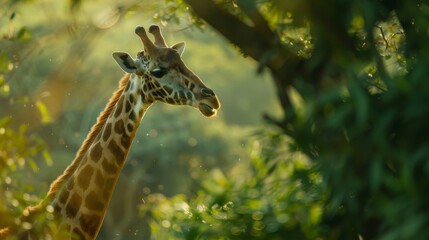Obraz premium A tall giraffe stands in the middle of a lush forest. The giraffe is looking at the camera. The background is blurred.