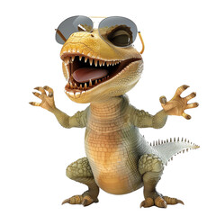 A yellow dinosaur wearing sunglasses is smiling with its mouth open and its arms outstretched.