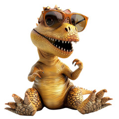A yellow dinosaur wearing sunglasses is sitting on a rock. The dinosaur has its hands on its knees and is looking at the camera.