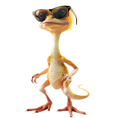 A yellow gecko wearing sunglasses is standing with his hands on his hips. He has a confident expression on his face.