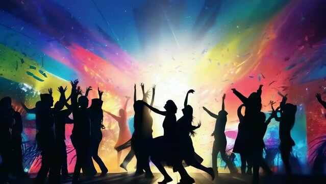 As the beats drop, the dance floor erupts in a frenzy of motion. Shadows cast by ecstatic dancers swirl against a backdrop of cosmic colors, painting the night with strokes of red, blue, and green