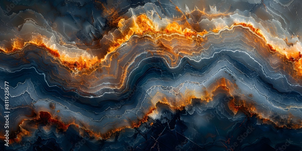 Poster fiery marble formations ablaze with dynamic waves of elemental energy across dark,moody geology back