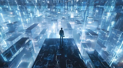 Futuristic Digital Cityscape with Illuminated Skyscrapers and Glowing Wireframe Structures in Surreal Nighttime Panorama