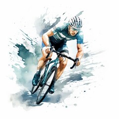 A watercolor painting of a cyclist in a blue jersey and white helmet racing on a road bike.