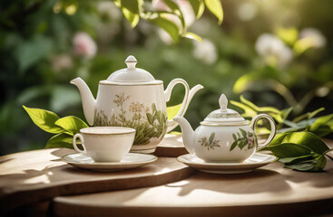 a serene botanical garden scene with kettle set