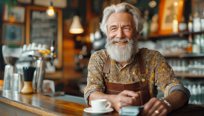 Cheerfully smiling elder with grey hair and beard enjoys cozy morning in coffee shop, savoring a small espresso. His expression reflects happiness of successful retirement and financial independence..