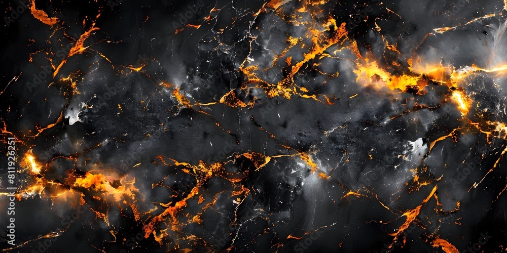 Poster dramatic cracked marble texture with fiery fractures and molten lava-like patterns in dark abstract 
