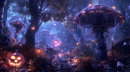 Enchanted Autumn Fairy Forest Landscape with Glowing Pumpkins and Mushrooms in Nighttime Woodland Scene