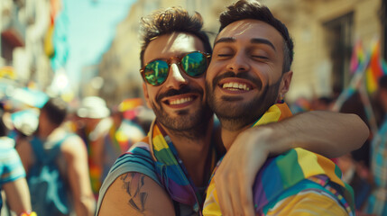 Cheerful friends gay men at the pride parade, lgbtq community