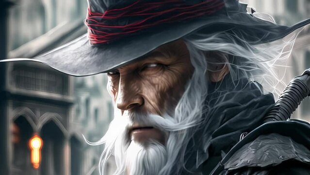 A grizzled veteran with piercing eyes stands in front of a castle, his weathered face telling tales of countless battles. 