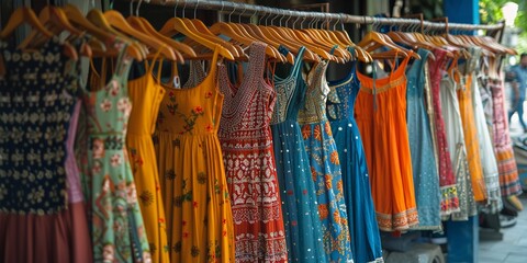Indian Ladies' Fashion Clothes Exhibited on Hangers. Generative Ai