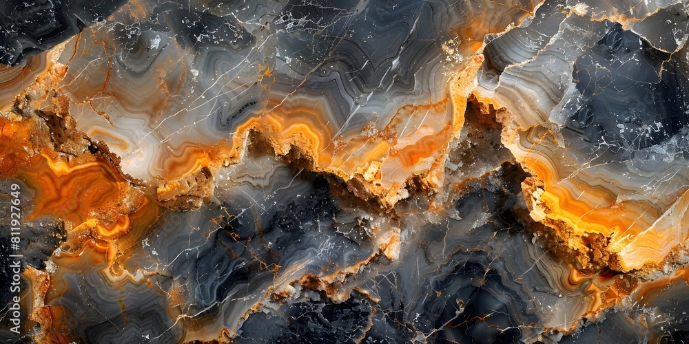 Poster mesmerizing fractal patterns in polished black and orange marble backdrop with fiery,swirling textur