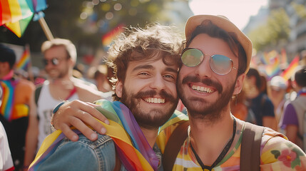 Fototapeta premium Cheerful friends gay men at the pride parade, lgbtq community