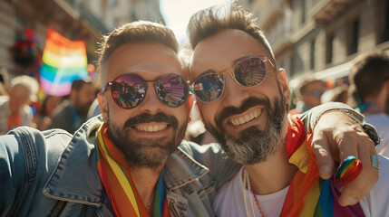 Cheerful friends gay men at the pride parade, lgbtq community