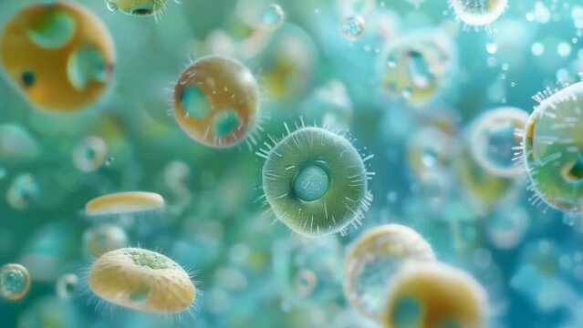 Dive into a microscopic journey where cells and microorganisms swirl and float in a vibrant aquatic environment. The scene captures the constant, lively interactions within a drop of water
