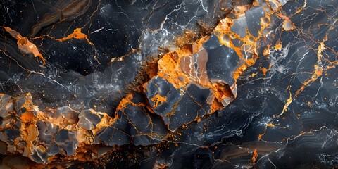 Black and Orange Marble Textured Background with Dramatic Fractures and Veins for Luxury Design and...