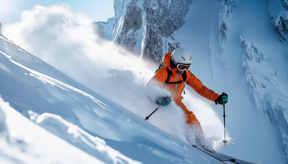 Fast moving freestyle skier in open terrain off-piste deep powder snow in the rocky high mountains dressed orange with modern skiing equipment. Extreme people leisure and activity concept