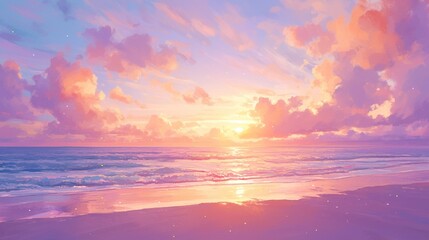 Fototapeta premium Dusk on secluded beach, realistic watercolor, purple to orange sky, tranquil, birdseye view , realistic watercolor