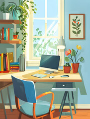 Home working space, cozy home space flat style illustration 