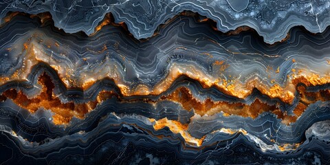 Black and orange marble abstract textured background with dramatic geological formations and dynamic swirling patterns
