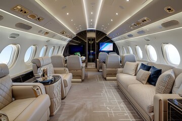 Fototapeta premium Spacious and modern private jet cabin with luxurious seating and ambient lighting