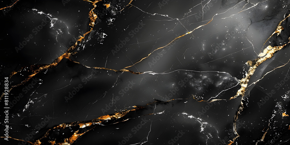 Poster Elegant Black Marble Surface with Golden Veins and Intricate Patterns,Showcasing a Sophisticated and Luxurious Aesthetic for High-End Interiors and