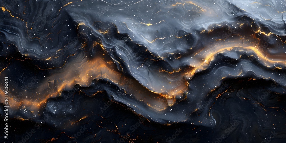 Poster black marble with fiery golden veins showcases a mesmerizing natural pattern of dynamic cosmic energ