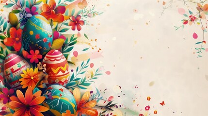 Na białym tle widoczne jest wiele kolorowych jajek i kwiatów. Kompozycja ta stanowi idealną ozdobę na kartkę wielkanocną lub inną wiosenną dekorację - obrazy, fototapety, plakaty