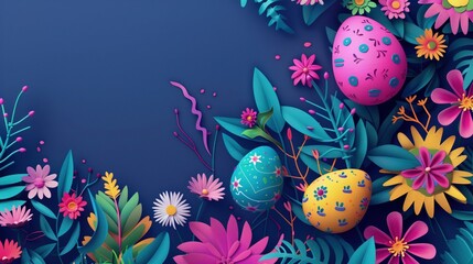 Na niebieskim tle widoczne są kwiaty i jajka, tworząc wiosenny motyw. Obrazek jest wykonany w jasnych, pastelowych kolorach, idealny na kartkę wielkanocną - obrazy, fototapety, plakaty