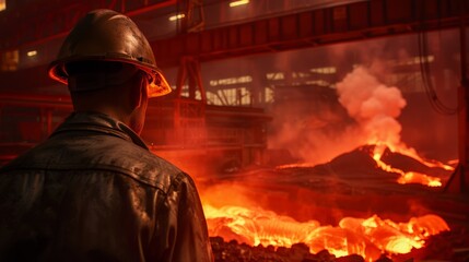 A steelworker looks at a furnace.
