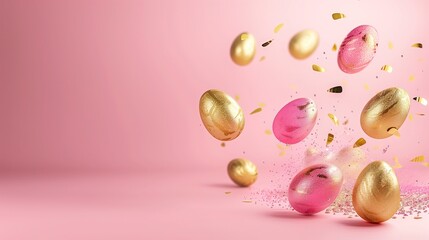 Na różowym i złotym tle można zobaczyć złote konfetti unoszące się w powietrzu, tworząc jasny i radosny wzór