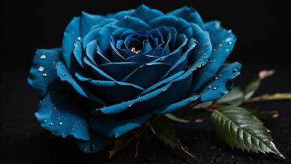 beautiful blue rose in full bloom against a black background