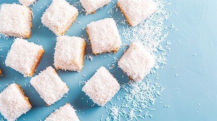Na niebieskim stole ułożone jest wiele małych kawałków ciasta, zwanych lamingtonami kokosowymi, marki Karlito