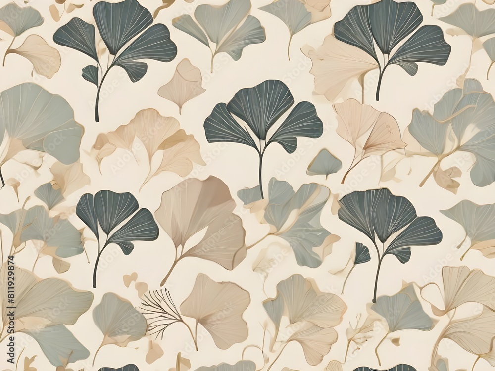Poster a simple boho-style pattern with a ginkgo biloba plant. the delicate neutral colors of the backgroun