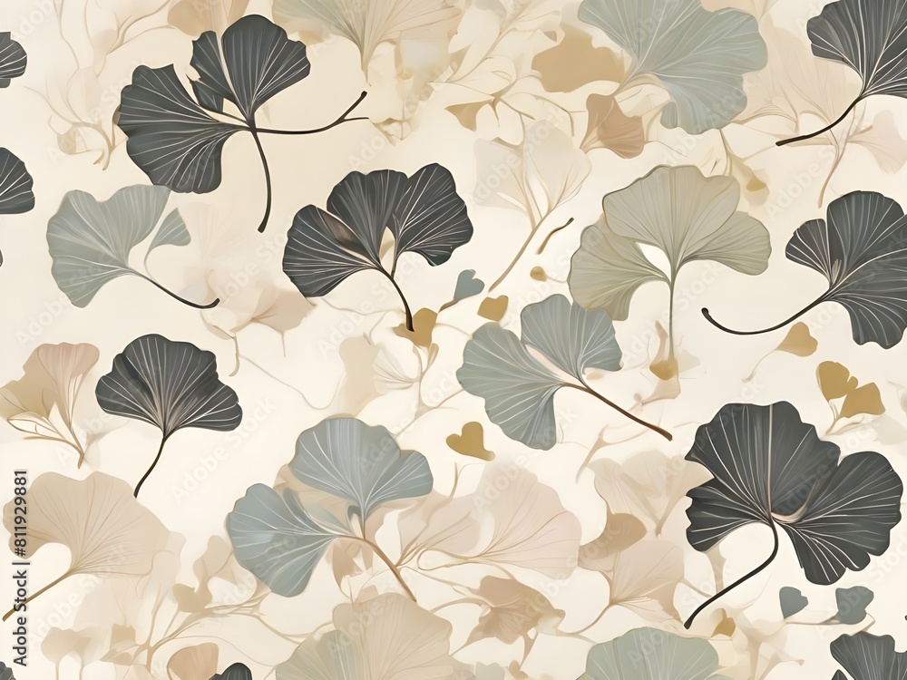 Poster a simple boho-style pattern with a ginkgo biloba plant. the delicate neutral colors of the backgroun