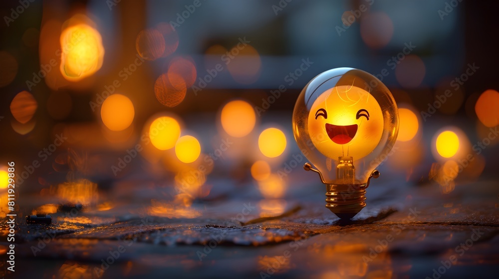 Poster lightbulb character with bright idea glowing in warm lighting environment