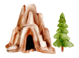 Cave and tree in jurassic peroid . Watercolor painting style . Illustration .