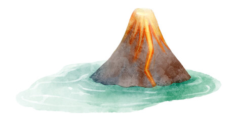 Volcanic eruption and lava flows from the crater of the volcano . Watercolor painting design . Illustration .