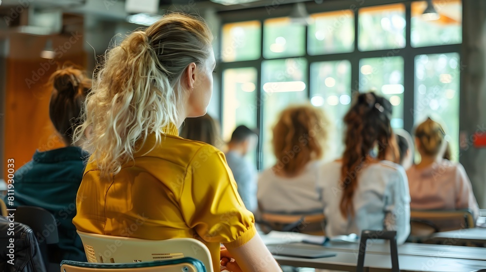 Poster group of students attending a lecture in a modern office environment