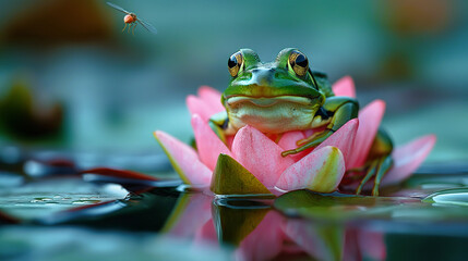 Closeup of a green frog sits on a pink lily pad flower, staring at an insect flying in the air