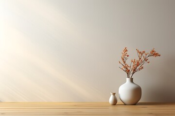 White flowers in vase on wooden floor in room with gray wall